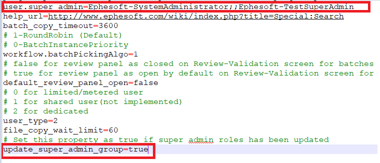 application.properties file settings for Super Admin groups