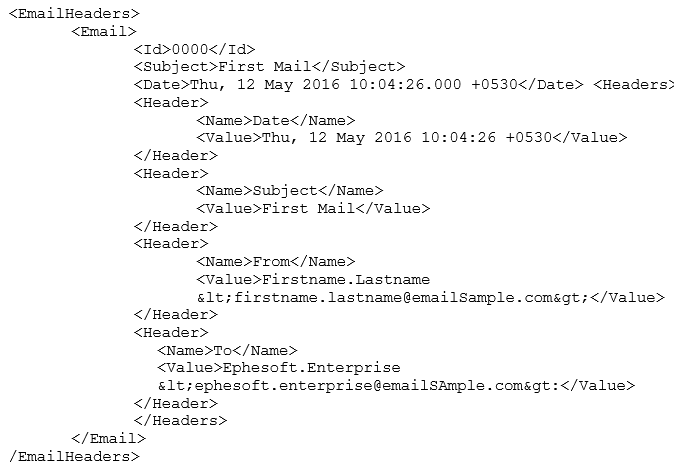 Email headers schema in the batch.xml file