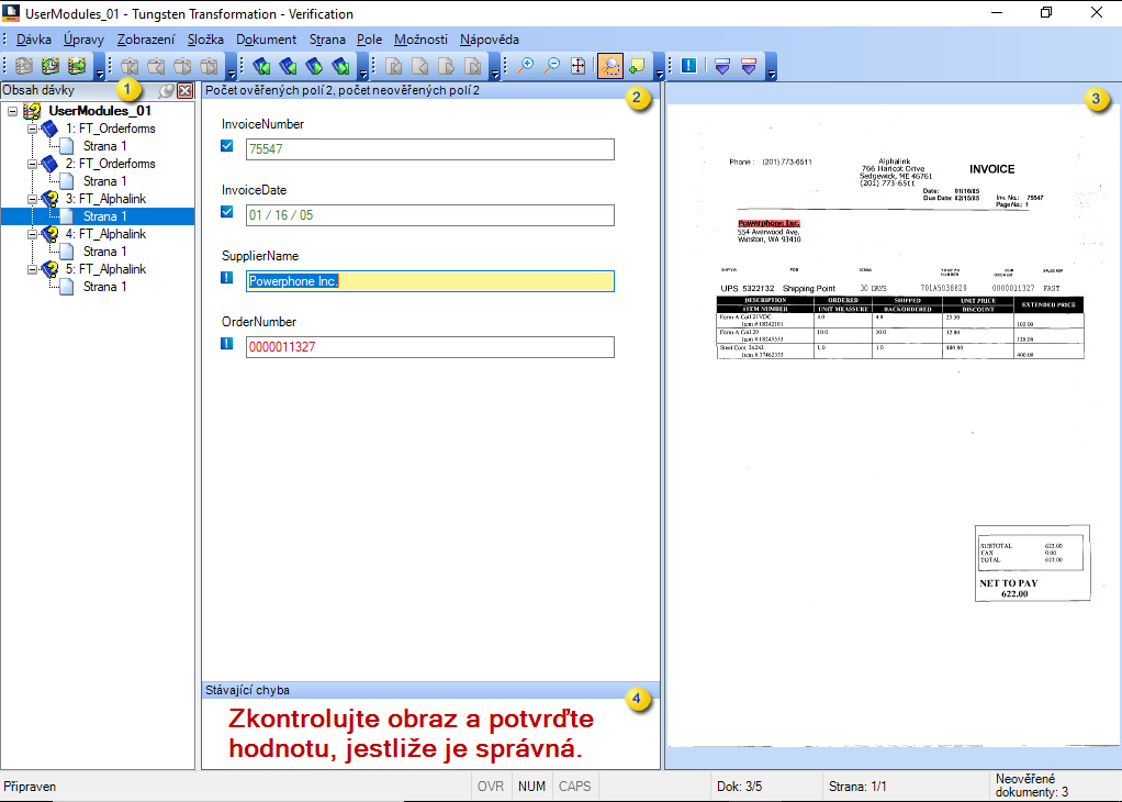 Obrázek s rozhraním aplikace Tungsten Transformation - Verification.