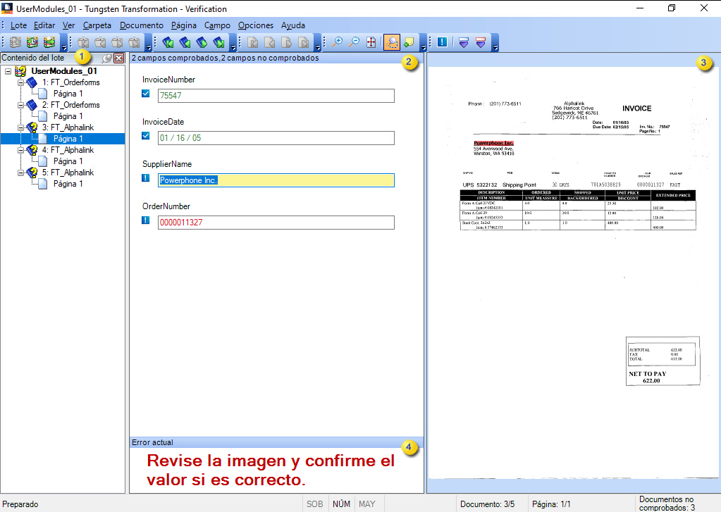 Imagen que muestra la interfaz de Tungsten Transformation - Verification.