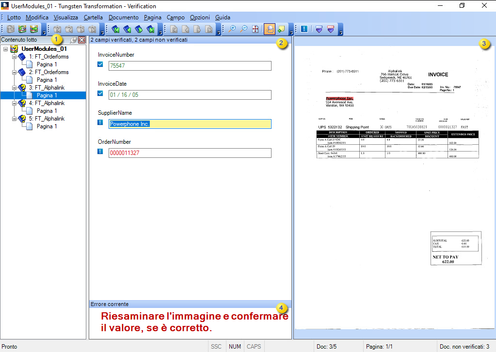L’immagine mostra l’interfaccia di Tungsten Transformation - Verification.
