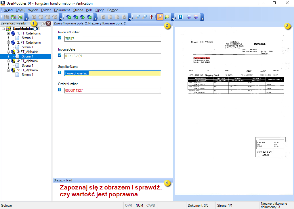 Obraz przedstawiający interfejs modułu Tungsten Transformation - Verification.