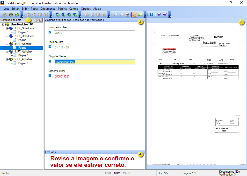 Uma imagem mostrando a interface do Tungsten Transformation - Verification.