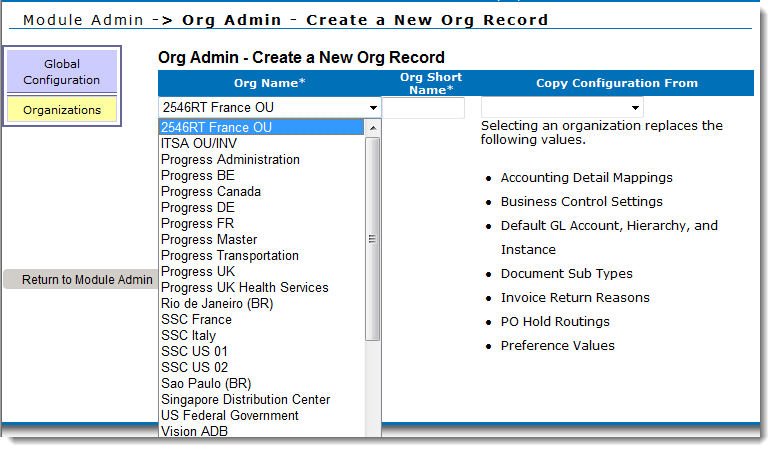 Organization administration, create organization window