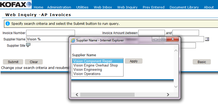 Web Inquiry search results
