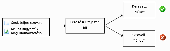 ábra a „kis- és nagybetűk megkülönböztetése” opció bejelöléséről és jelölésének megszüntetéséről