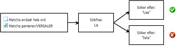diagram för hur du markerar eller avmarkerar Matcha gemener/VERSALER