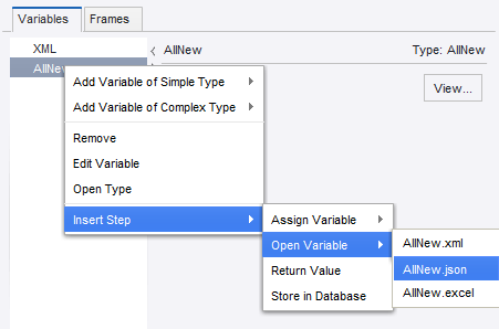 Inserting an Open Variable Step Action from the Variables View Inserting an Open Variable Step Action from the Variables View