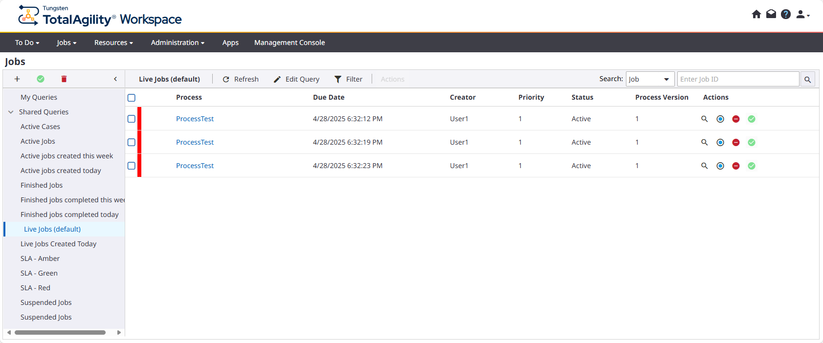 Workspace Job page displaying Live jobs list.